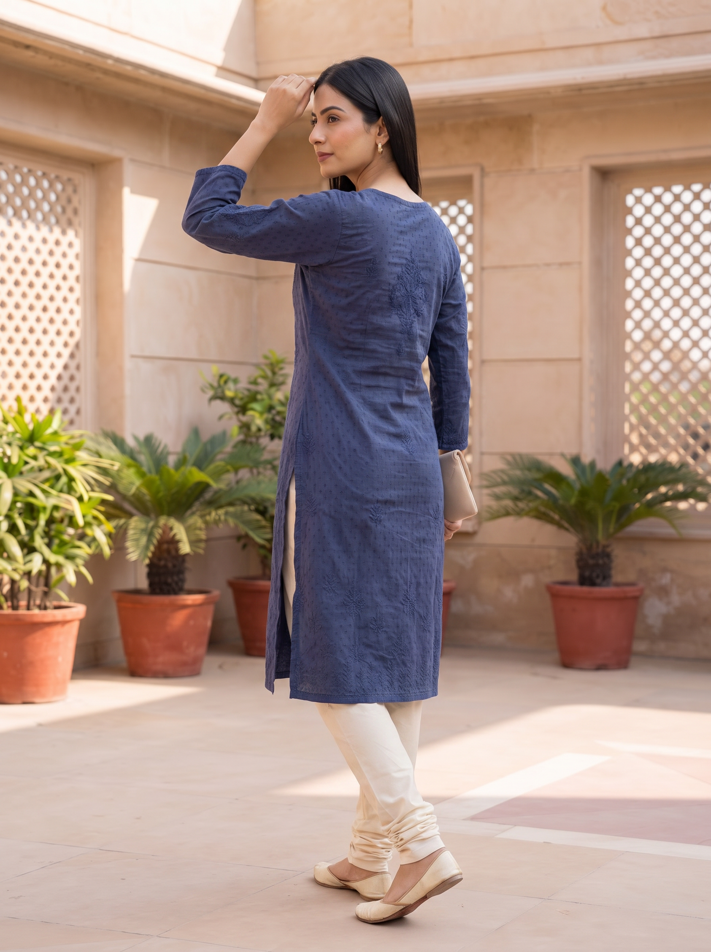 Chikankari Long Kurta Navy Blue