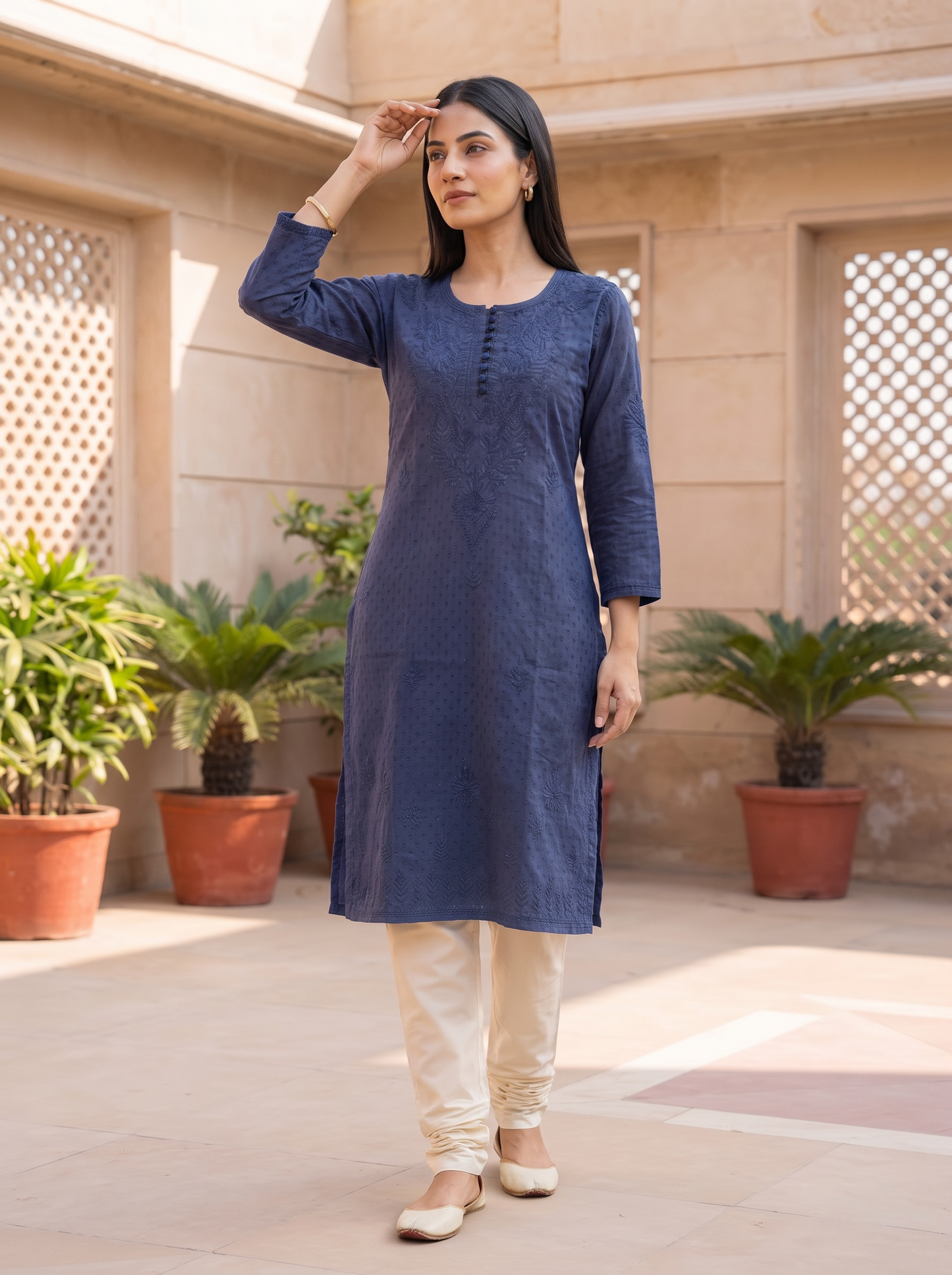 Chikankari Long Kurta Navy Blue