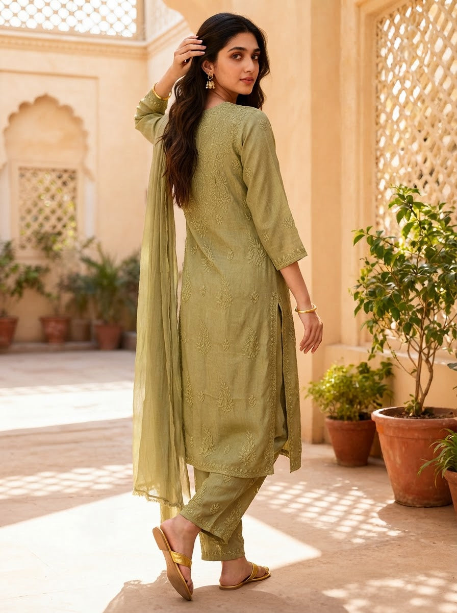 Chikankari Palazzo Set with Dupatta Olive Green