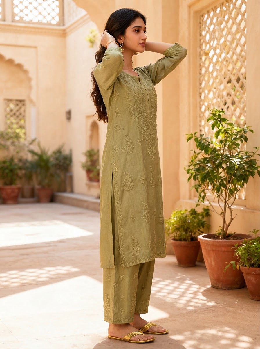 Chikankari Palazzo Set with Dupatta Olive Green