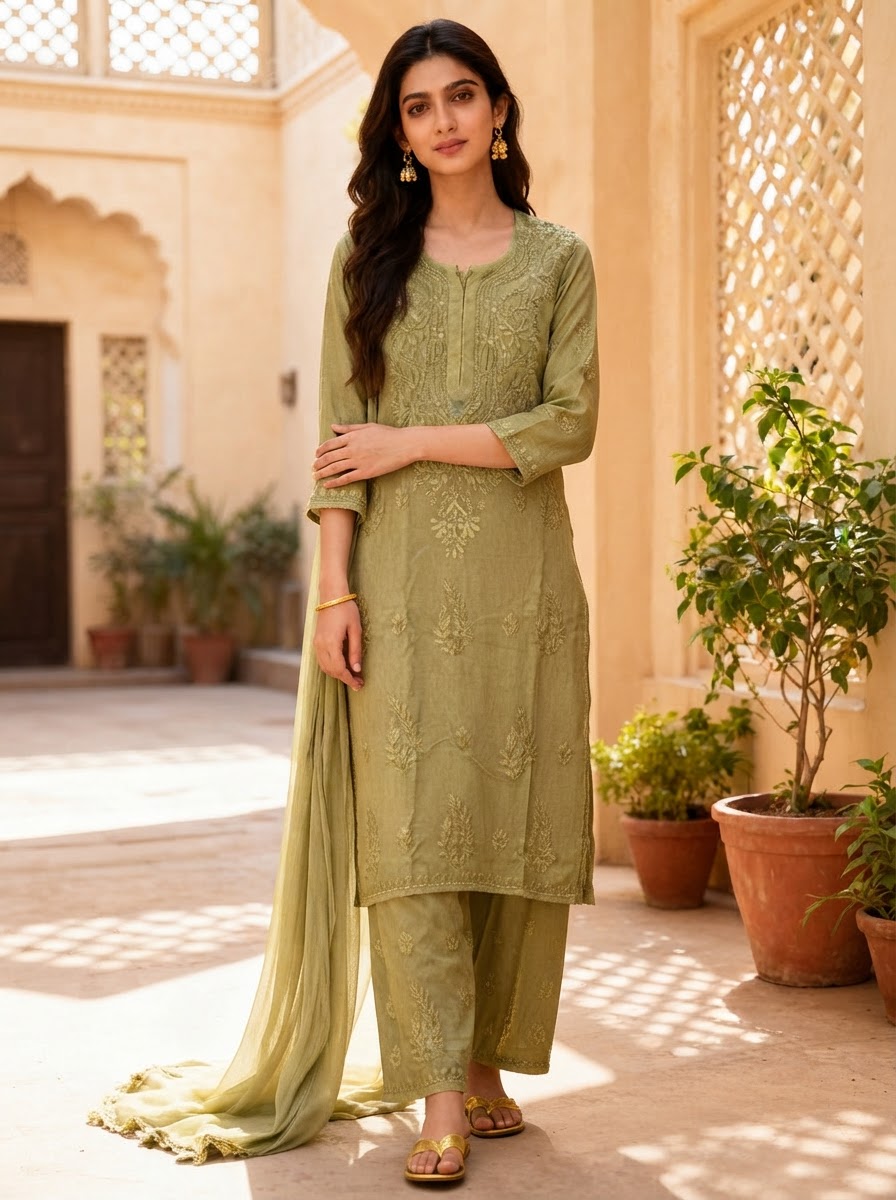Chikankari Palazzo Set with Dupatta Olive Green
