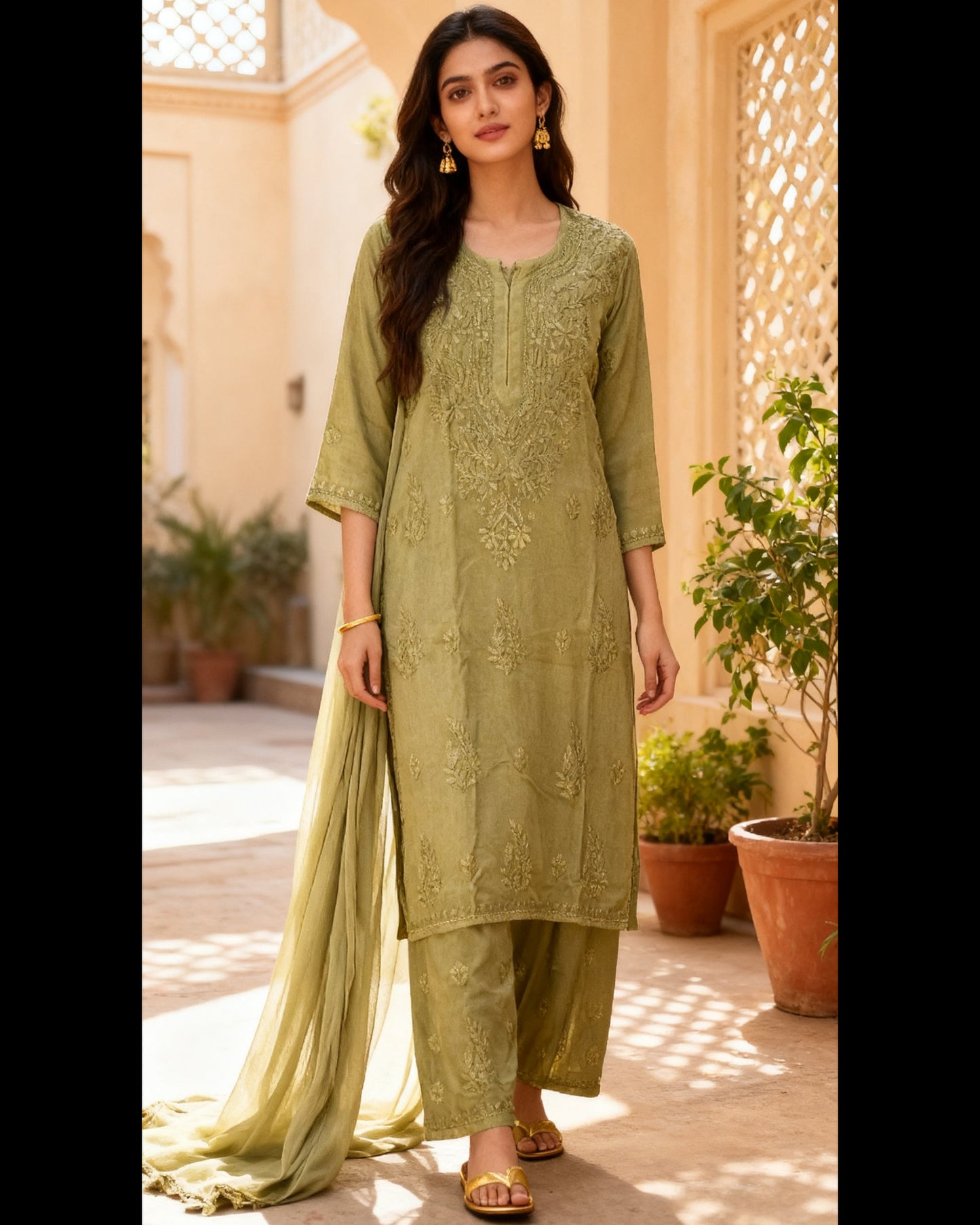 Chikankari Palazzo Set with Dupatta Olive Green