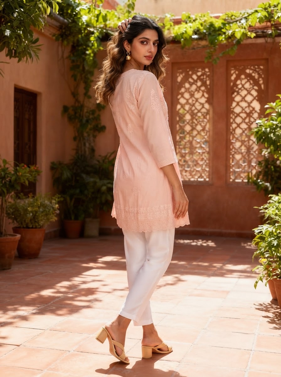 Chikankari Short Kurta Peach