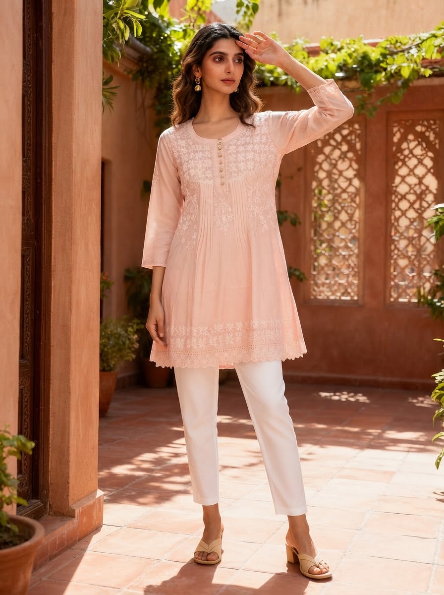 Chikankari Short Kurta Peach