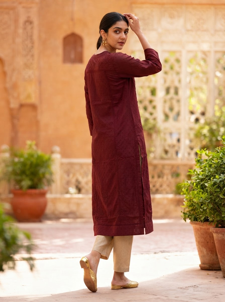 Chikankari Long Kurta Wine