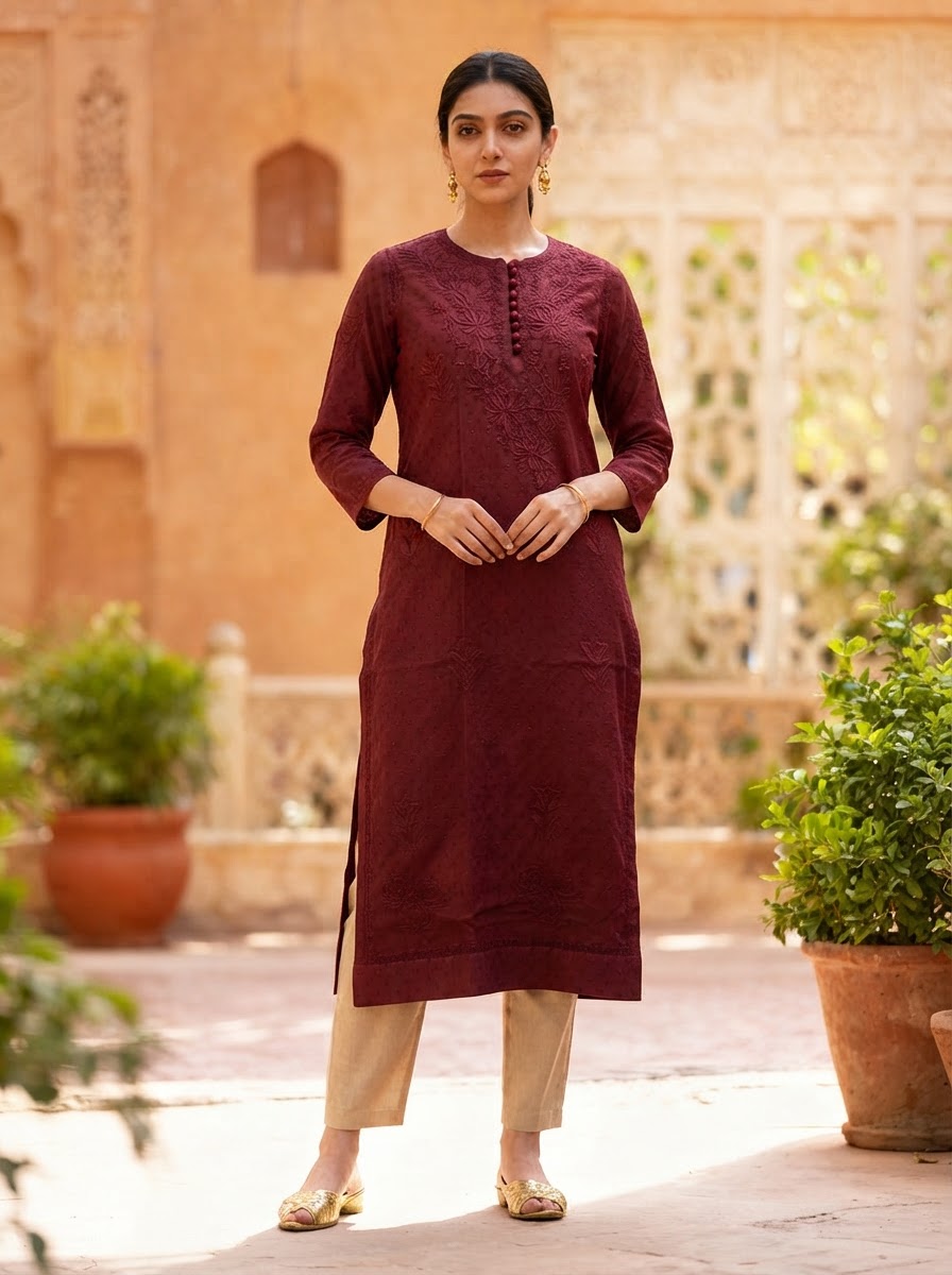 Chikankari Long Kurta Wine