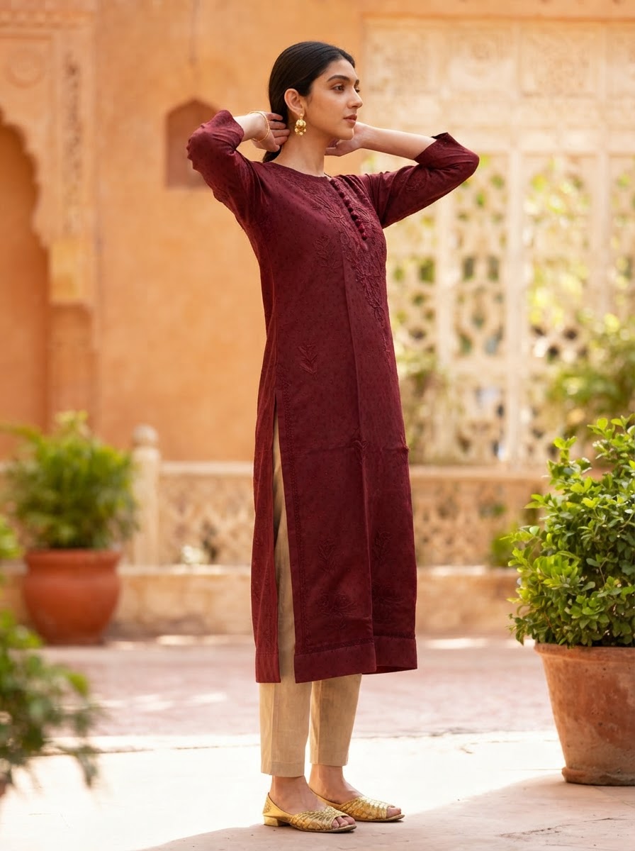 Chikankari Long Kurta Wine