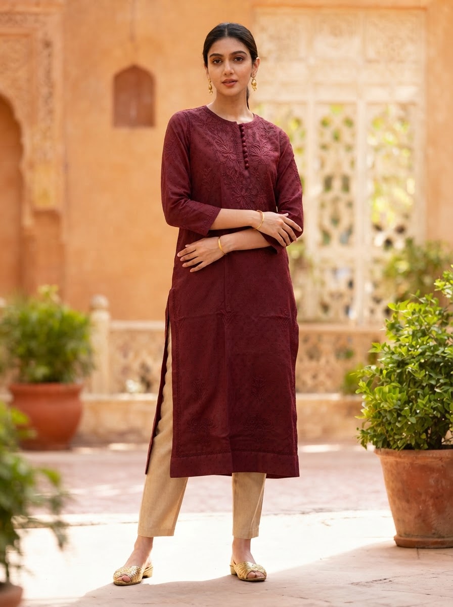Chikankari Long Kurta Wine