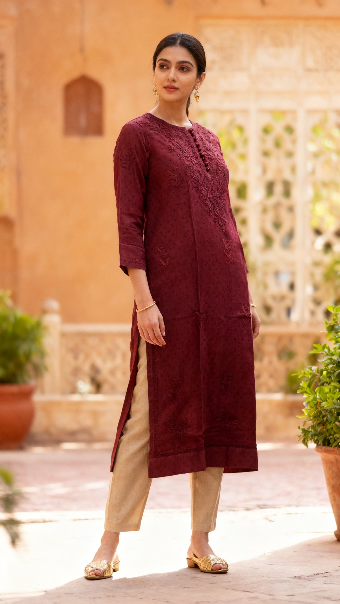 Chikankari Long Kurta Wine
