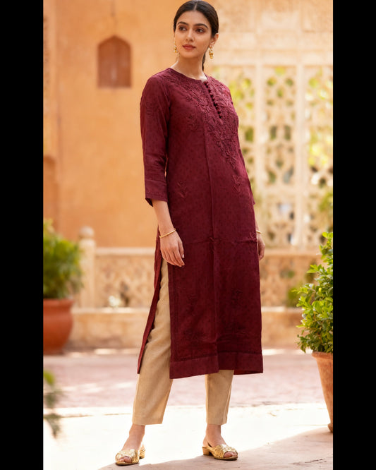 Chikankari Long Kurta Wine