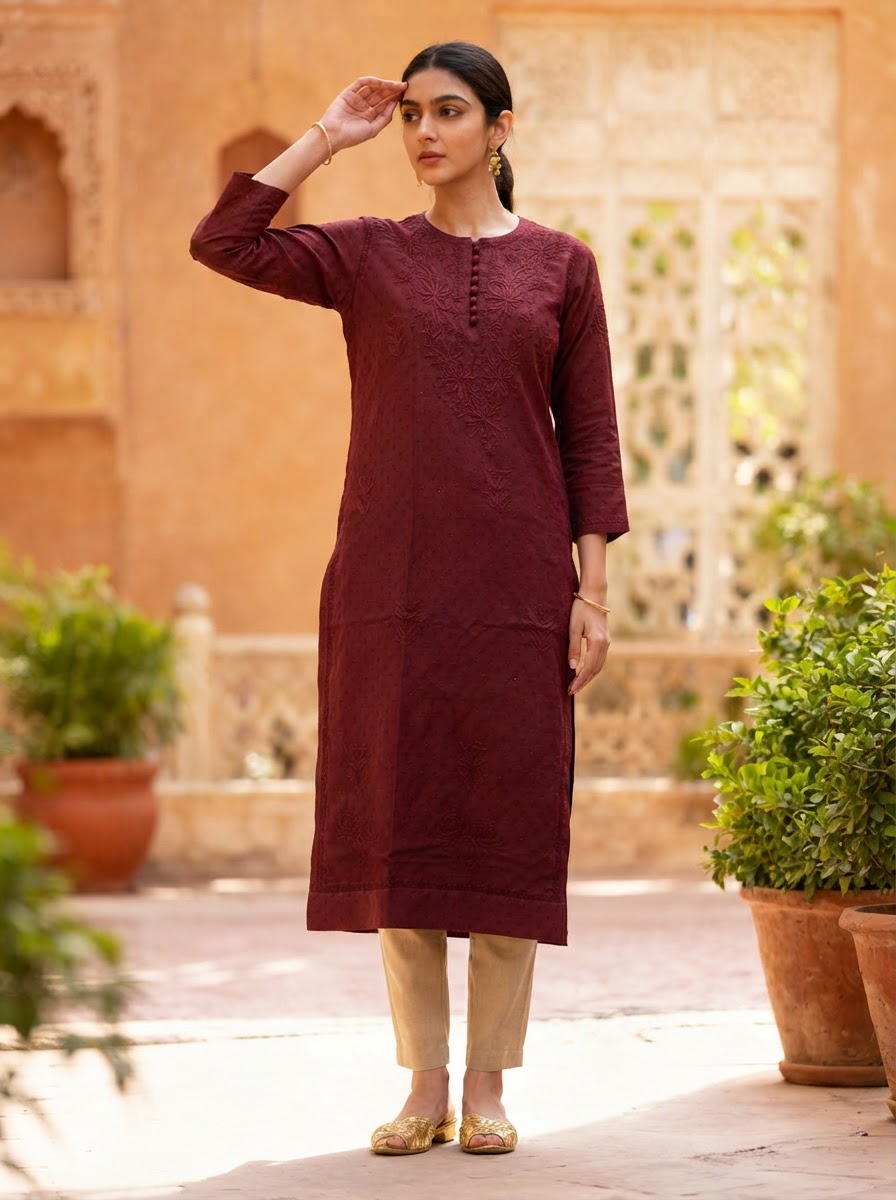 Chikankari Long Kurta Wine