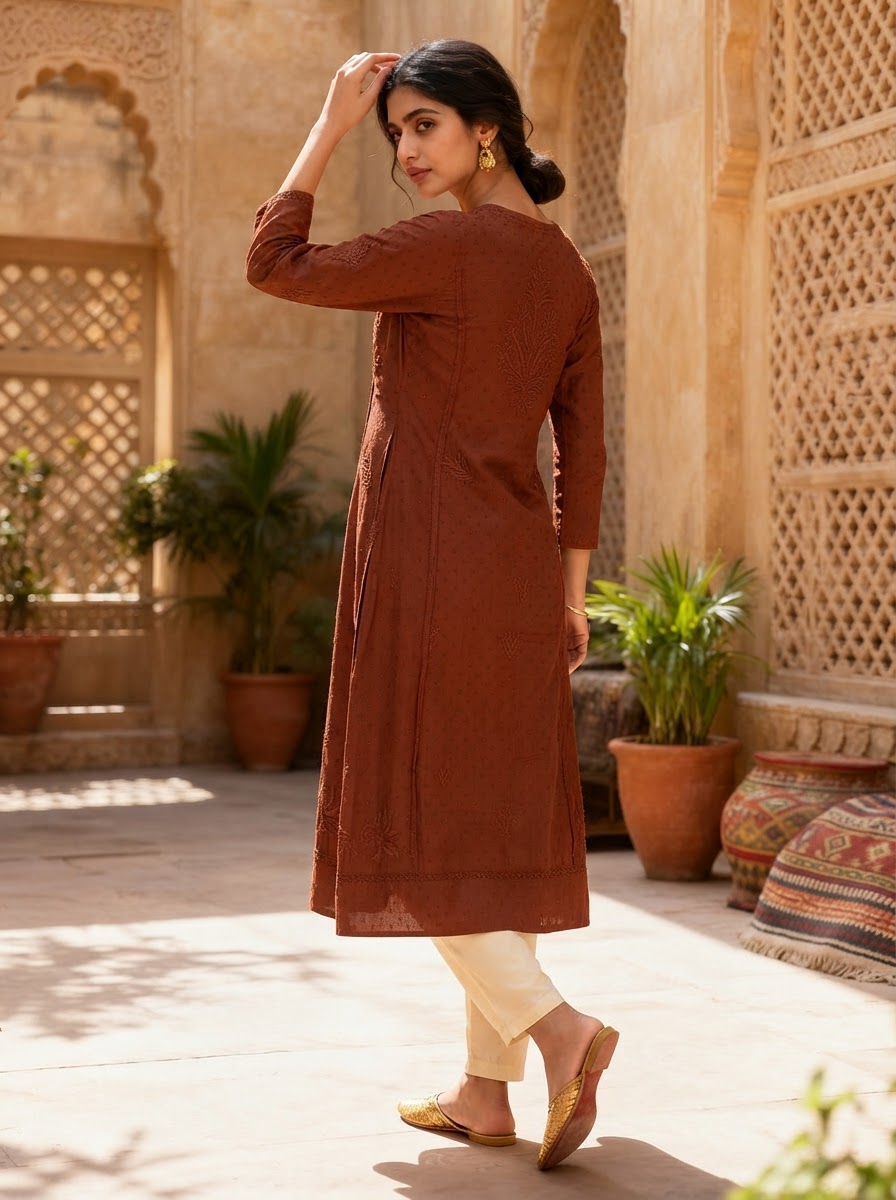 Chikankari Long Kurta Rust Brown