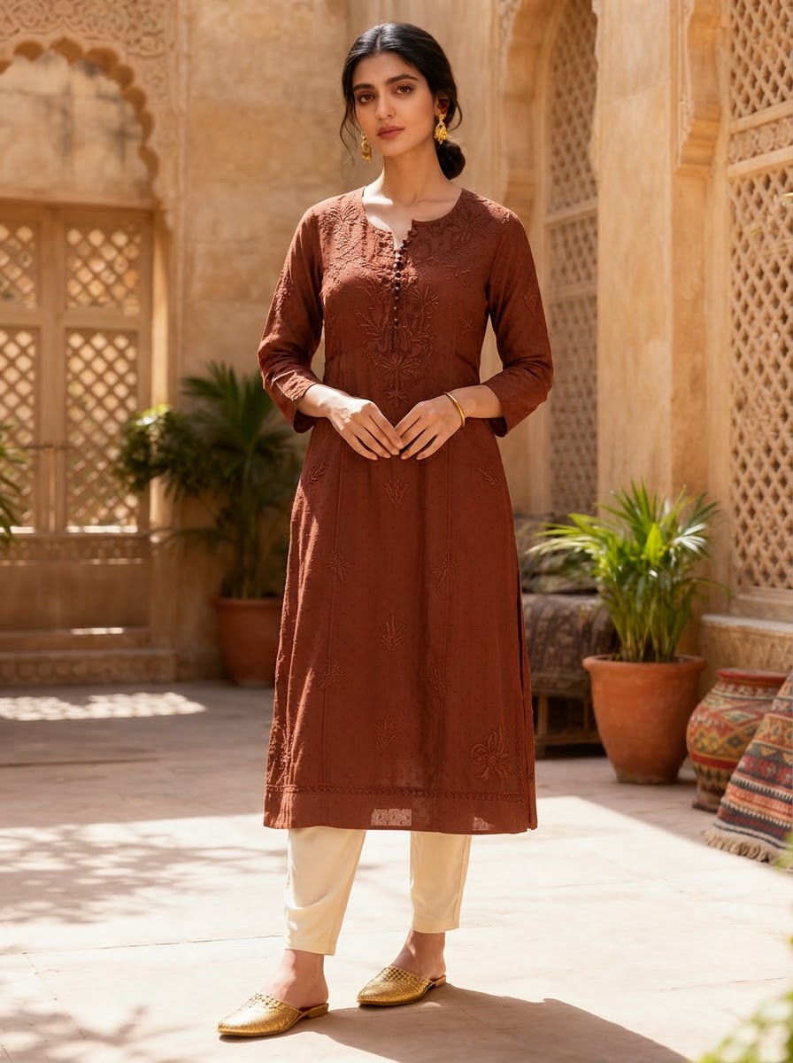 Chikankari Long Kurta Rust Brown