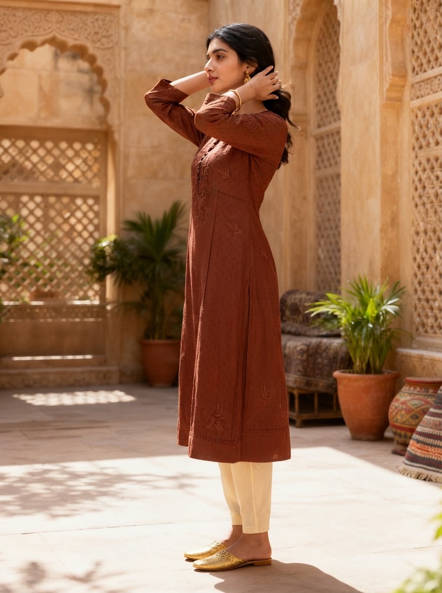 Chikankari Long Kurta Rust Brown