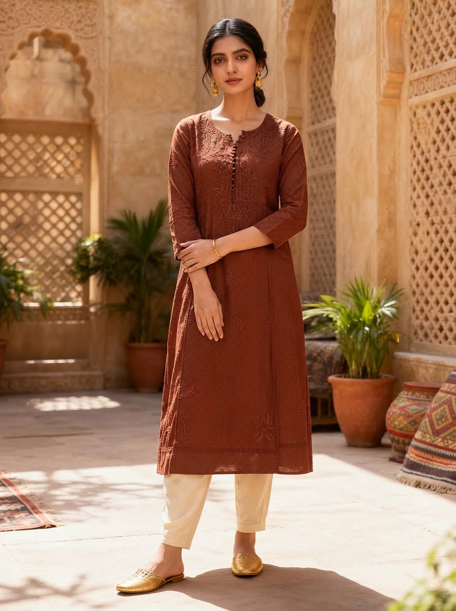 Chikankari Long Kurta Rust Brown