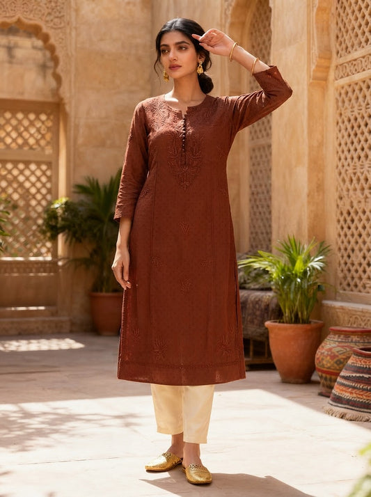Chikankari Long Kurta Rust Brown