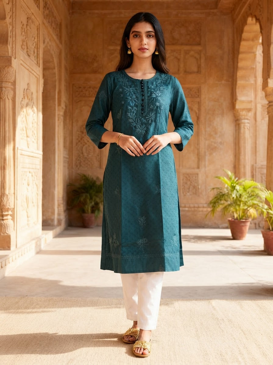 Chikankari Cotton Long Kurta Teal Blue