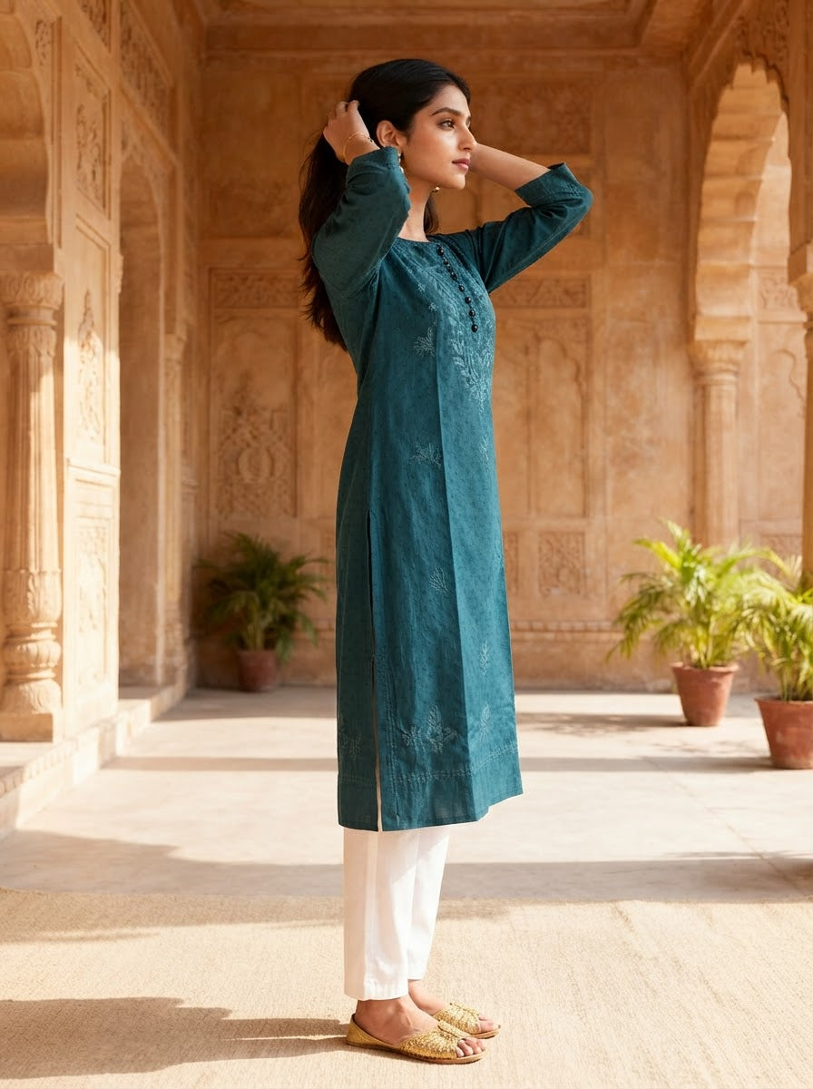 Chikankari Cotton Long Kurta Teal Blue
