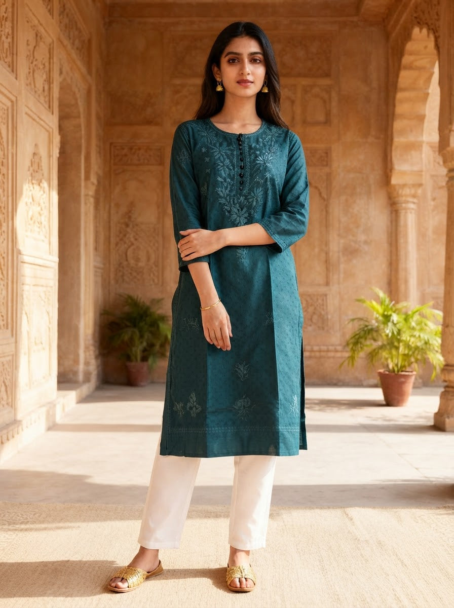 Chikankari Cotton Long Kurta Teal Blue