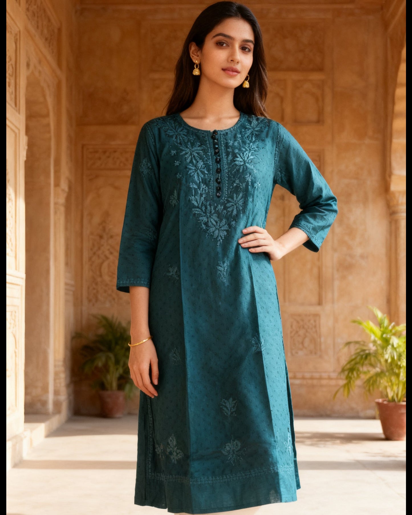 Chikankari Cotton Long Kurta Teal Blue