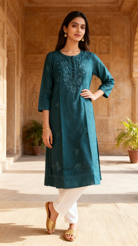 Chikankari Cotton Long Kurta Teal Blue