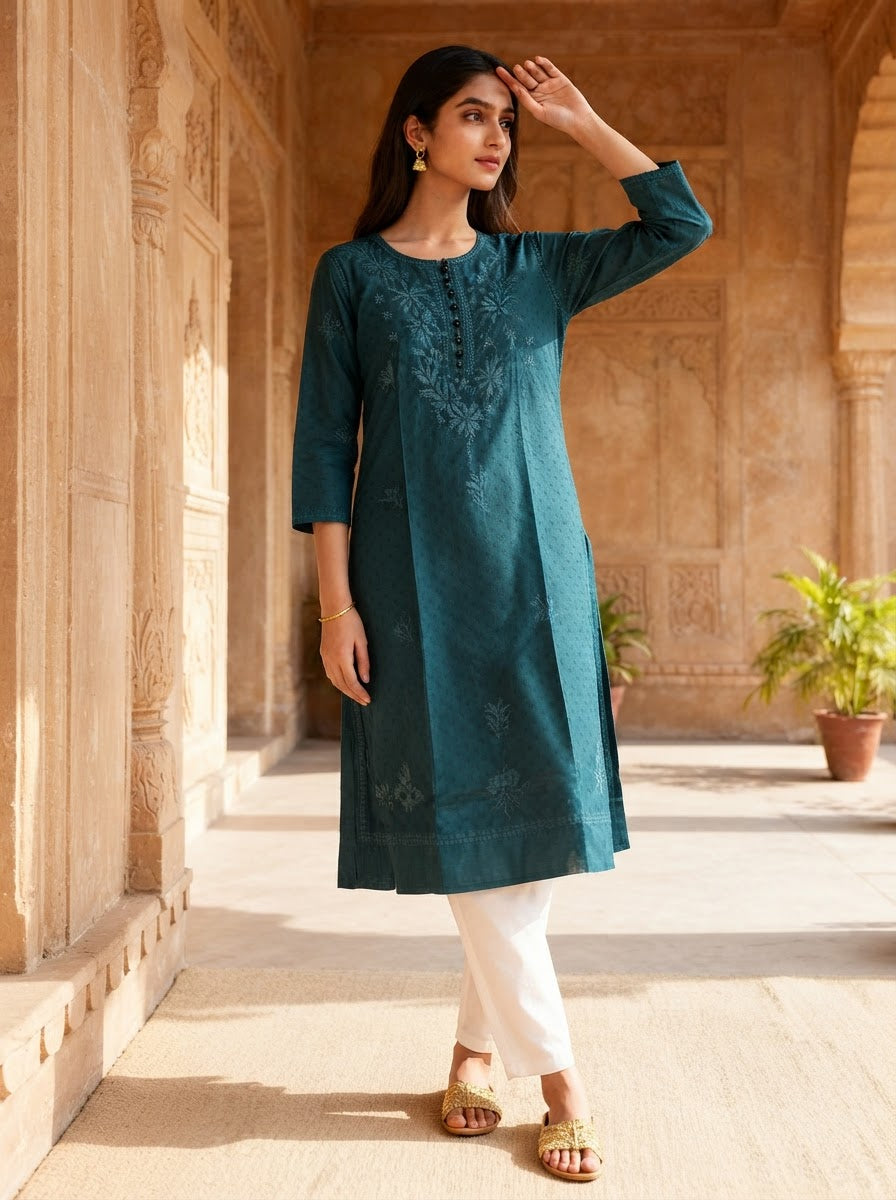 Chikankari Cotton Long Kurta Teal Blue