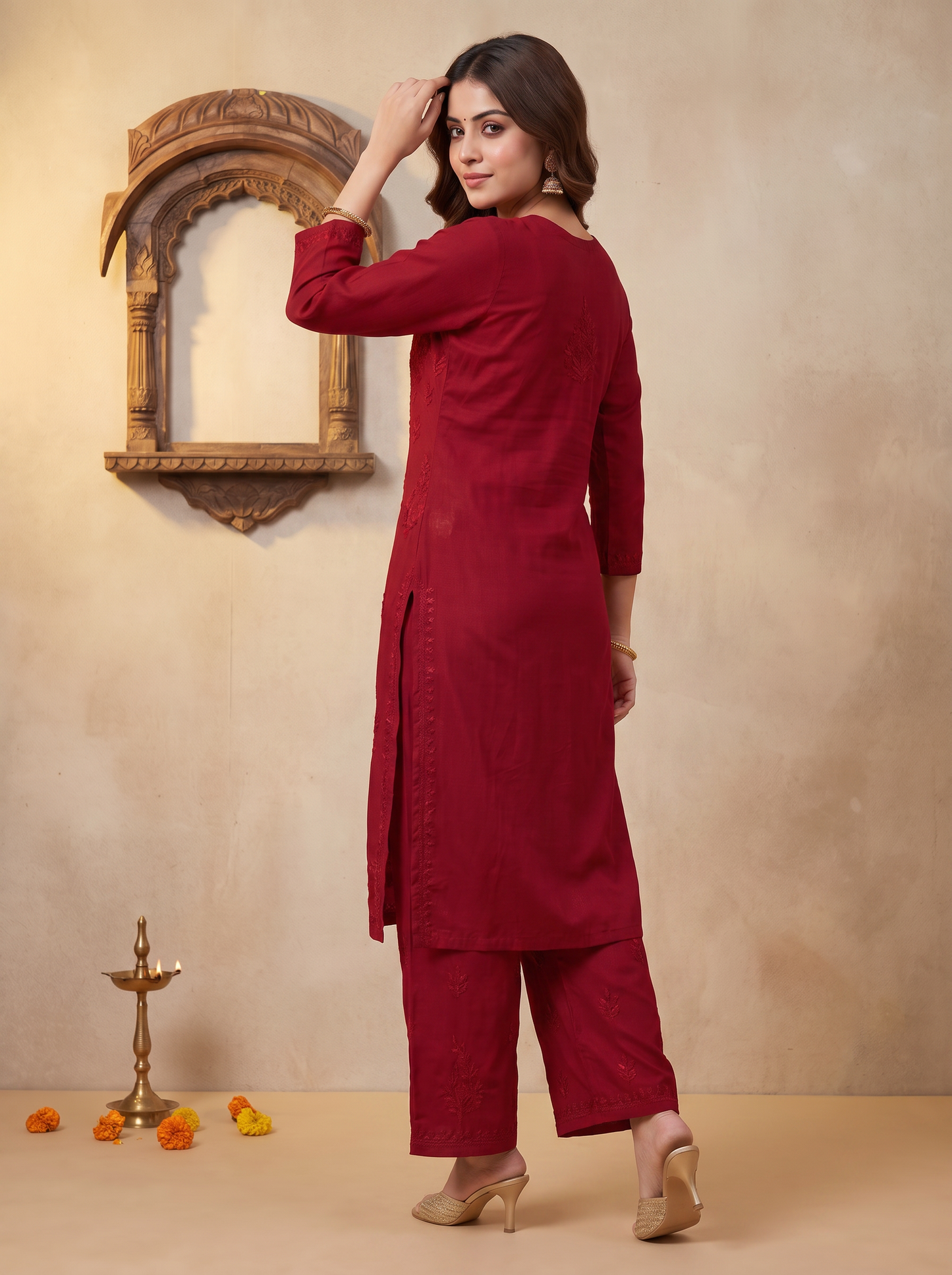 Chikankari Palazzo Set with Dupatta Festive Red