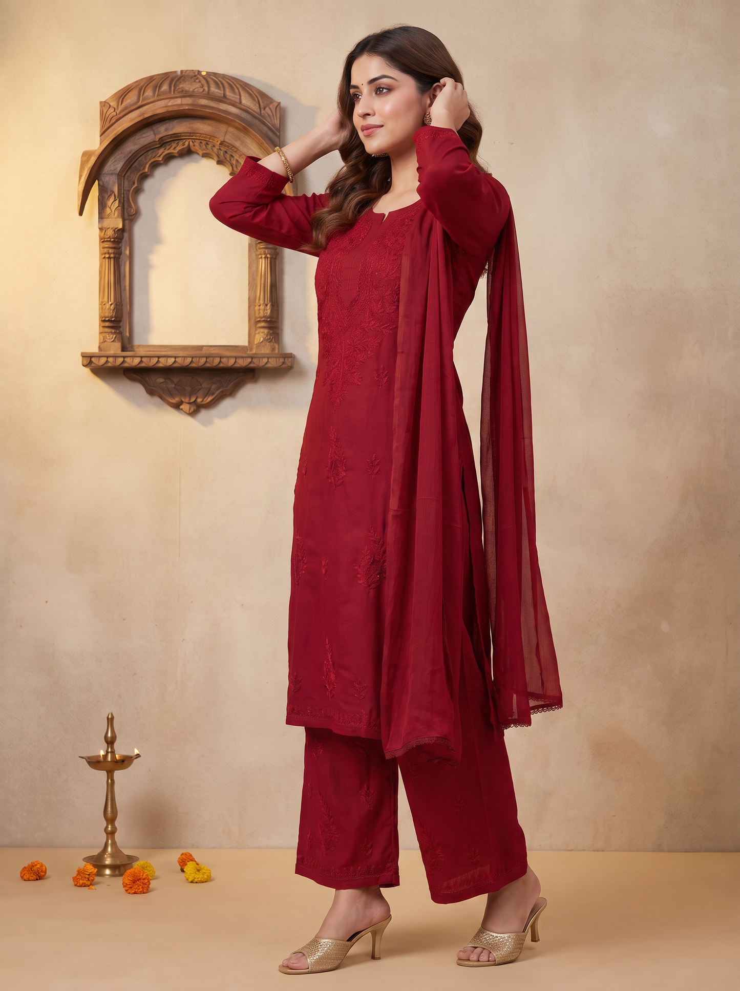 Chikankari Palazzo Set with Dupatta Festive Red