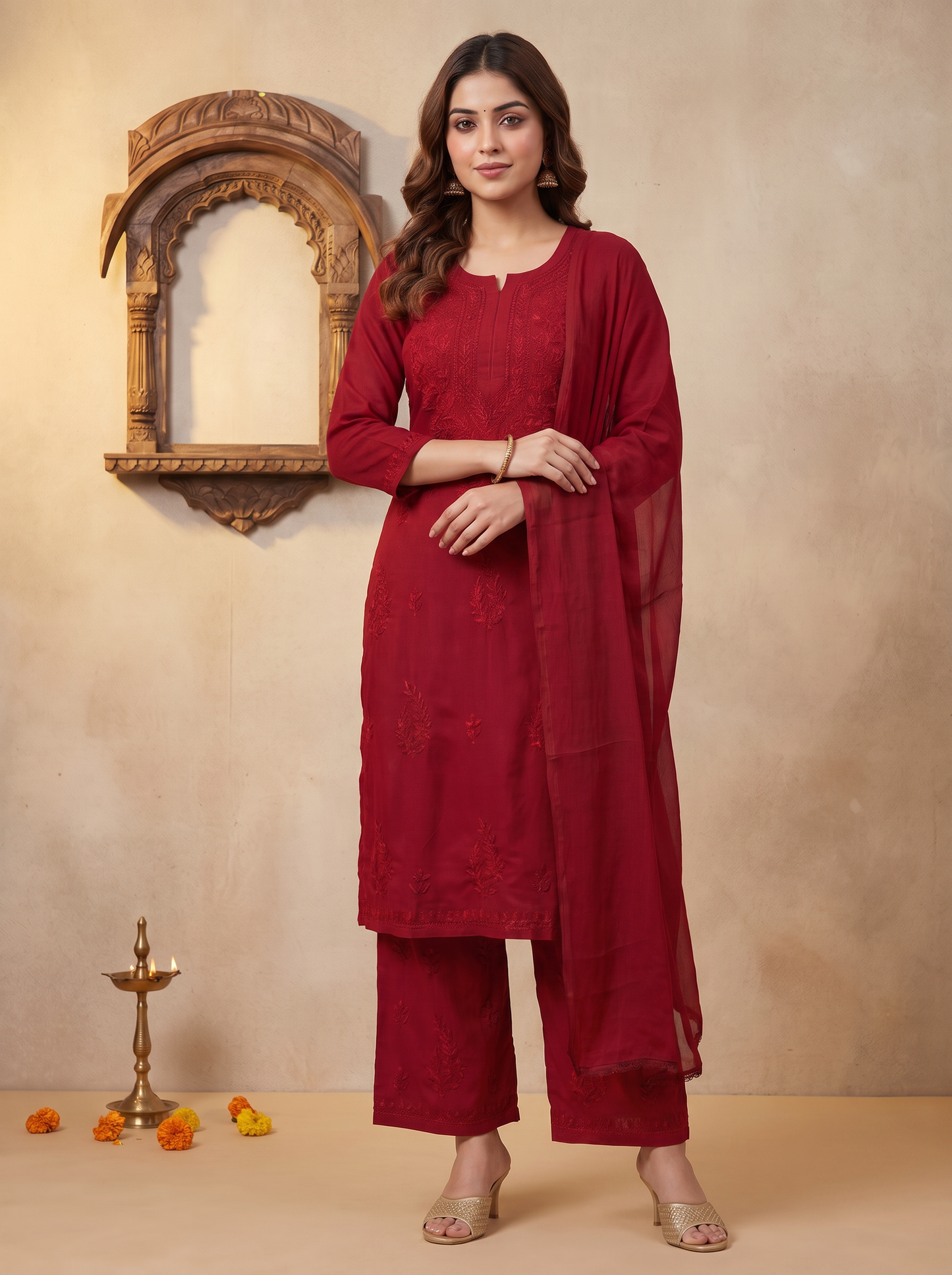 Chikankari Palazzo Set with Dupatta Festive Red