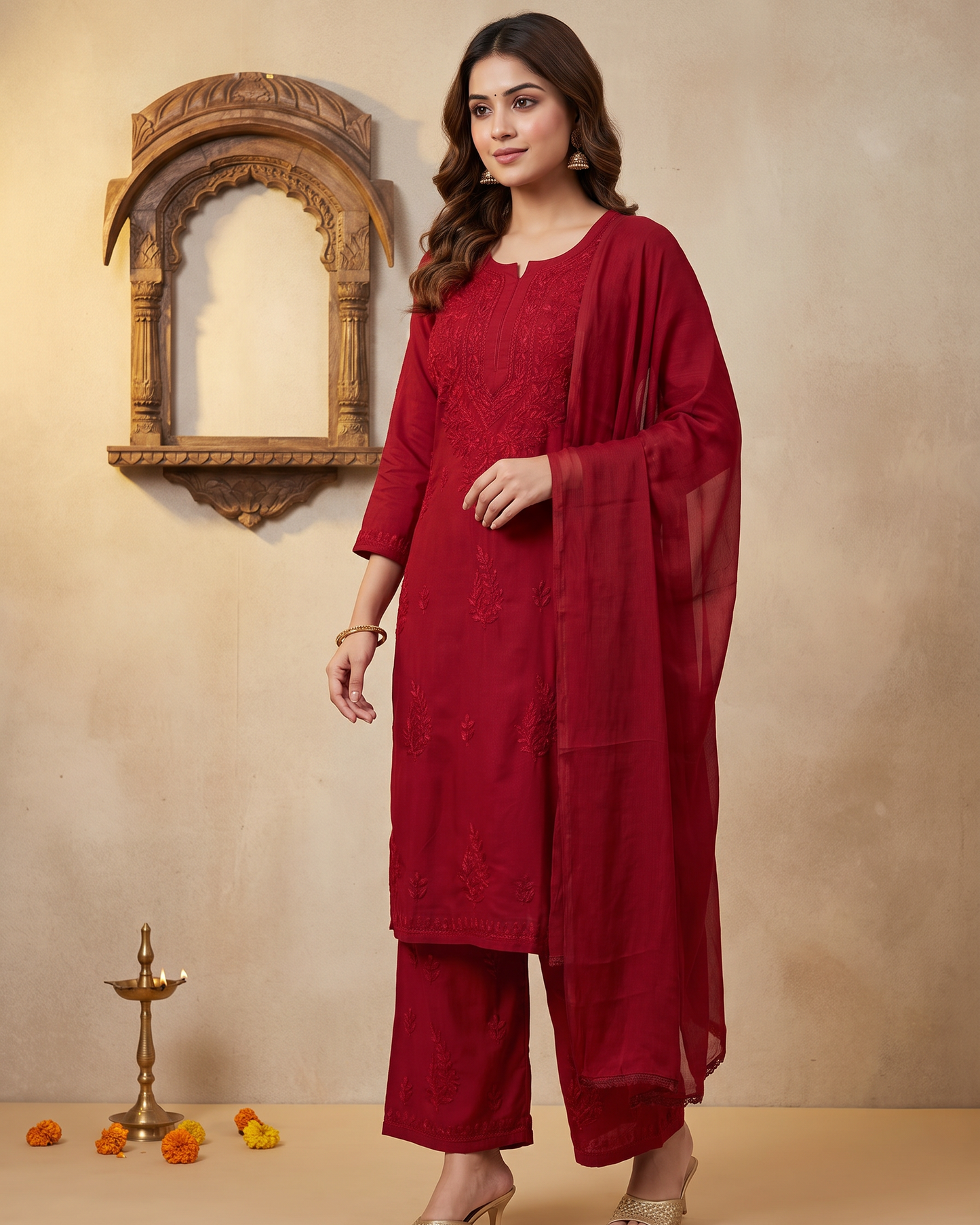 Chikankari Palazzo Set with Dupatta Festive Red