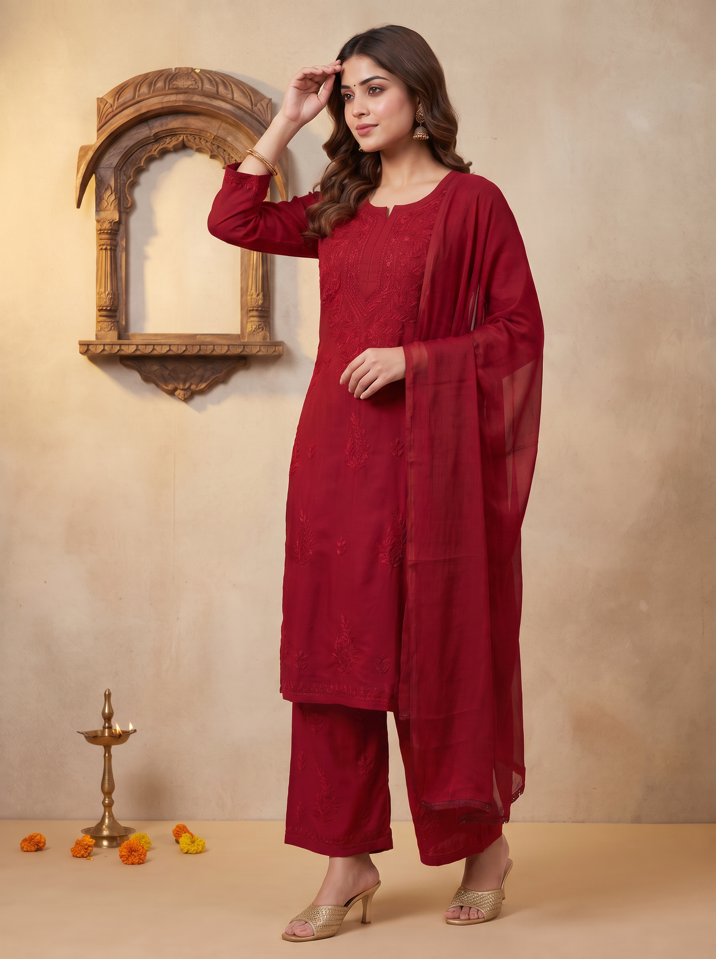 Chikankari Palazzo Set with Dupatta Festive Red