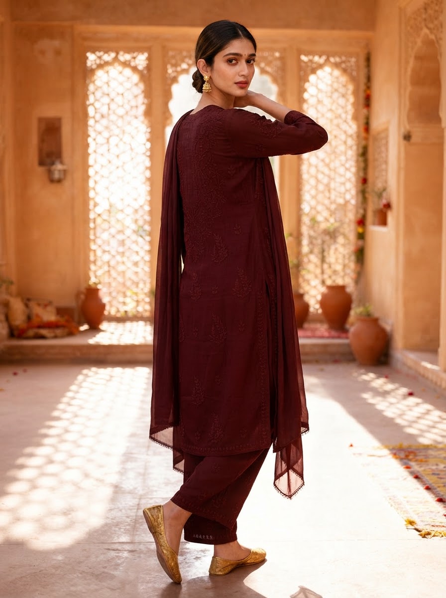 Chikankari Palazzo Set – Coffee Brown