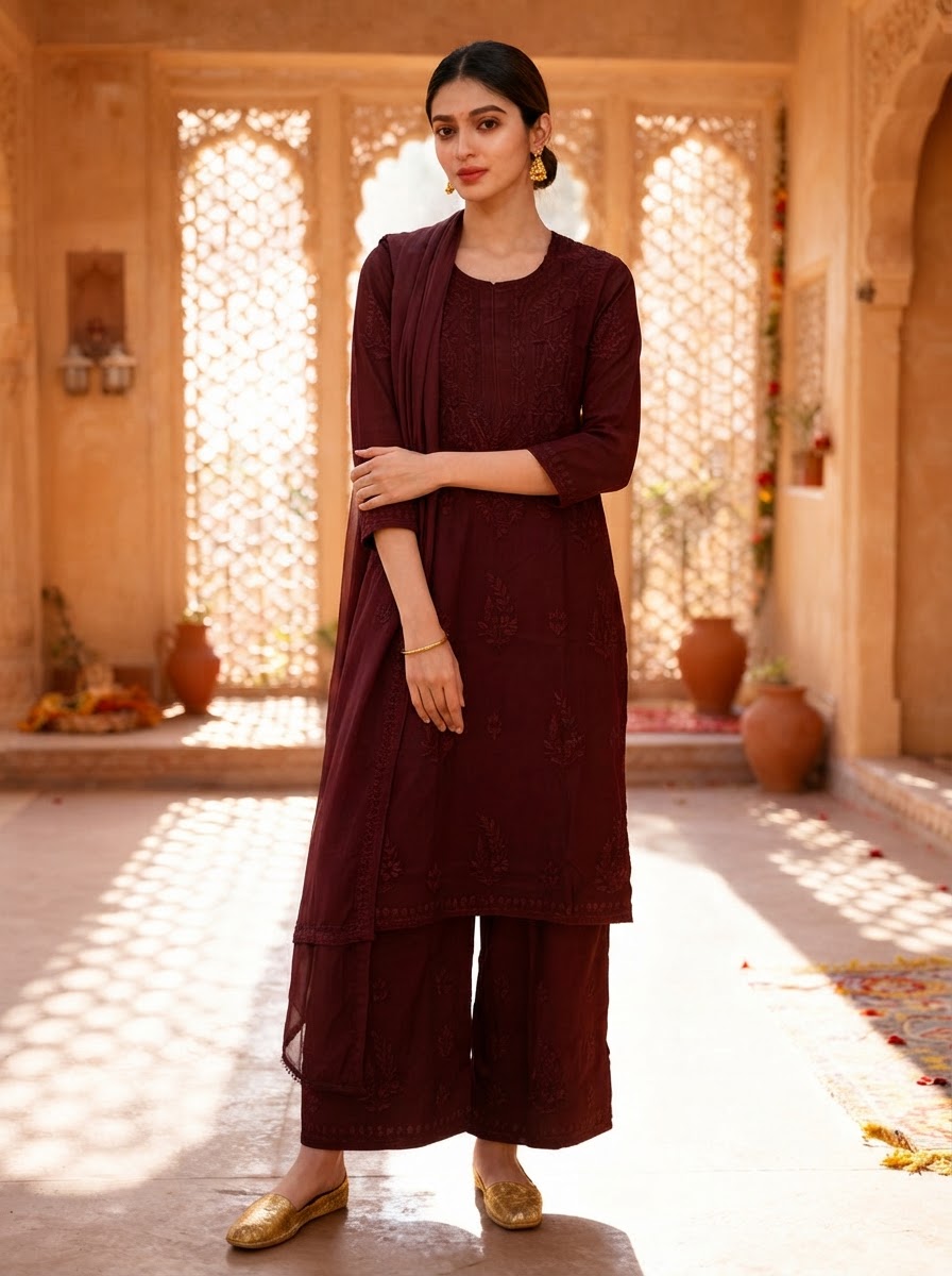 Chikankari Palazzo Set – Coffee Brown