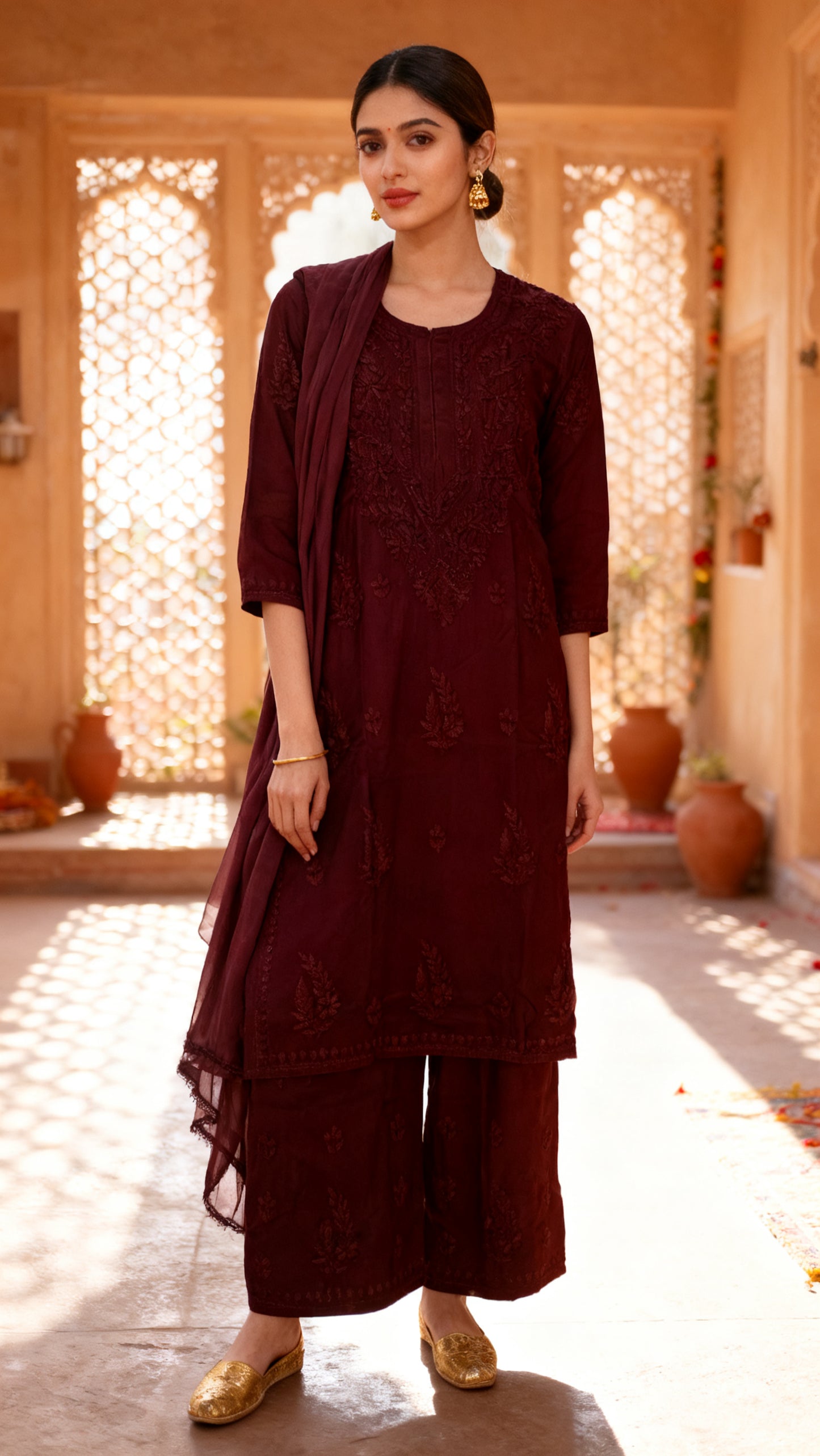 Chikankari Palazzo Set – Coffee Brown