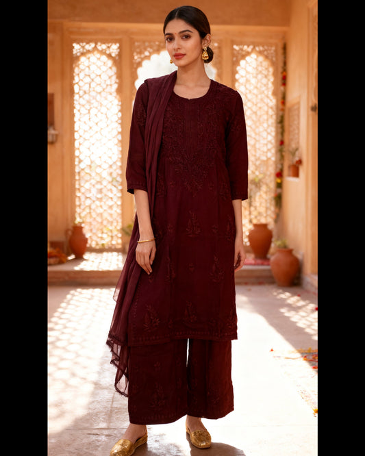 Chikankari Palazzo Set – Coffee Brown