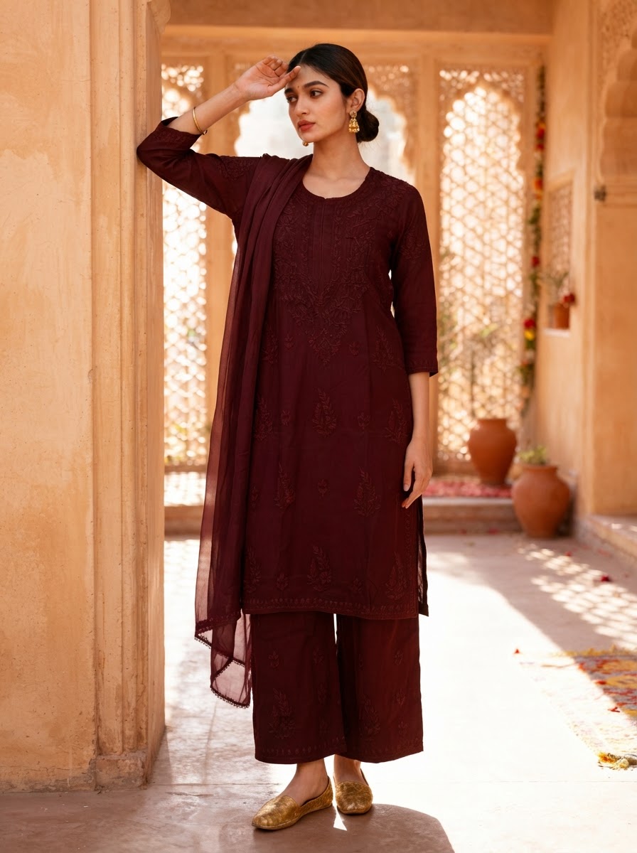 Chikankari Palazzo Set – Coffee Brown