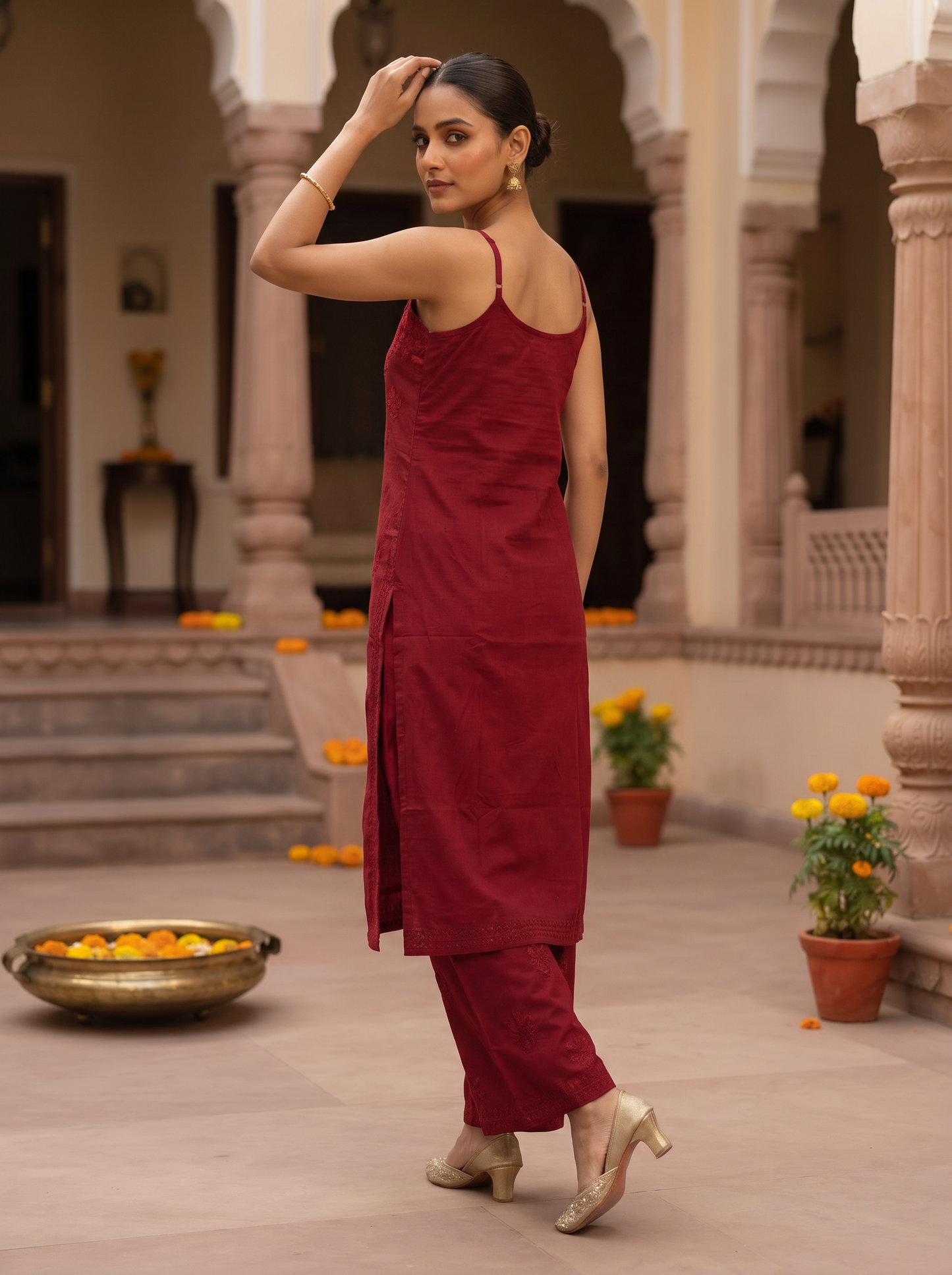 Chikankari Noodle Strap Pant Set Crimson Red