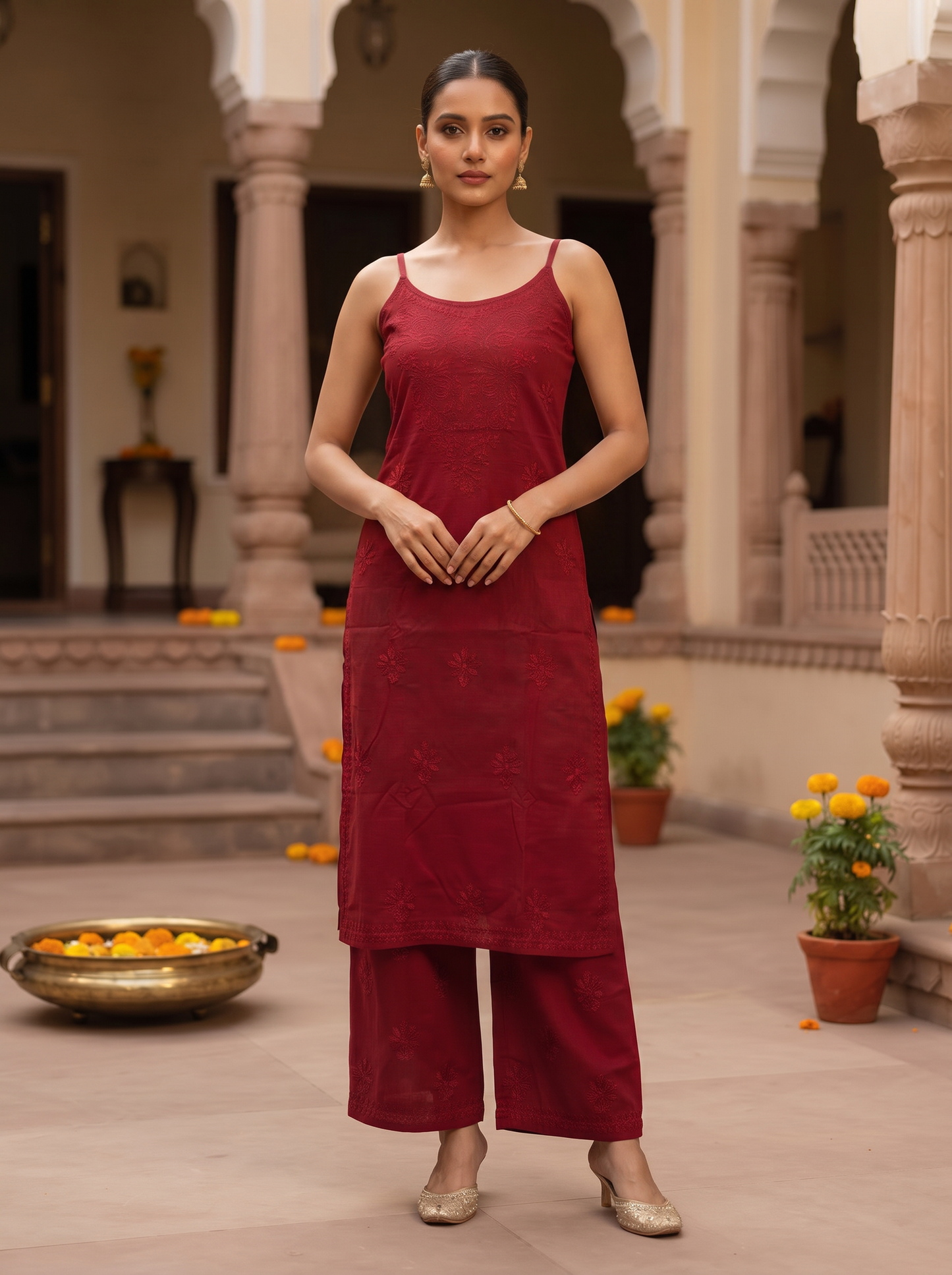Chikankari Noodle Strap Pant Set Crimson Red