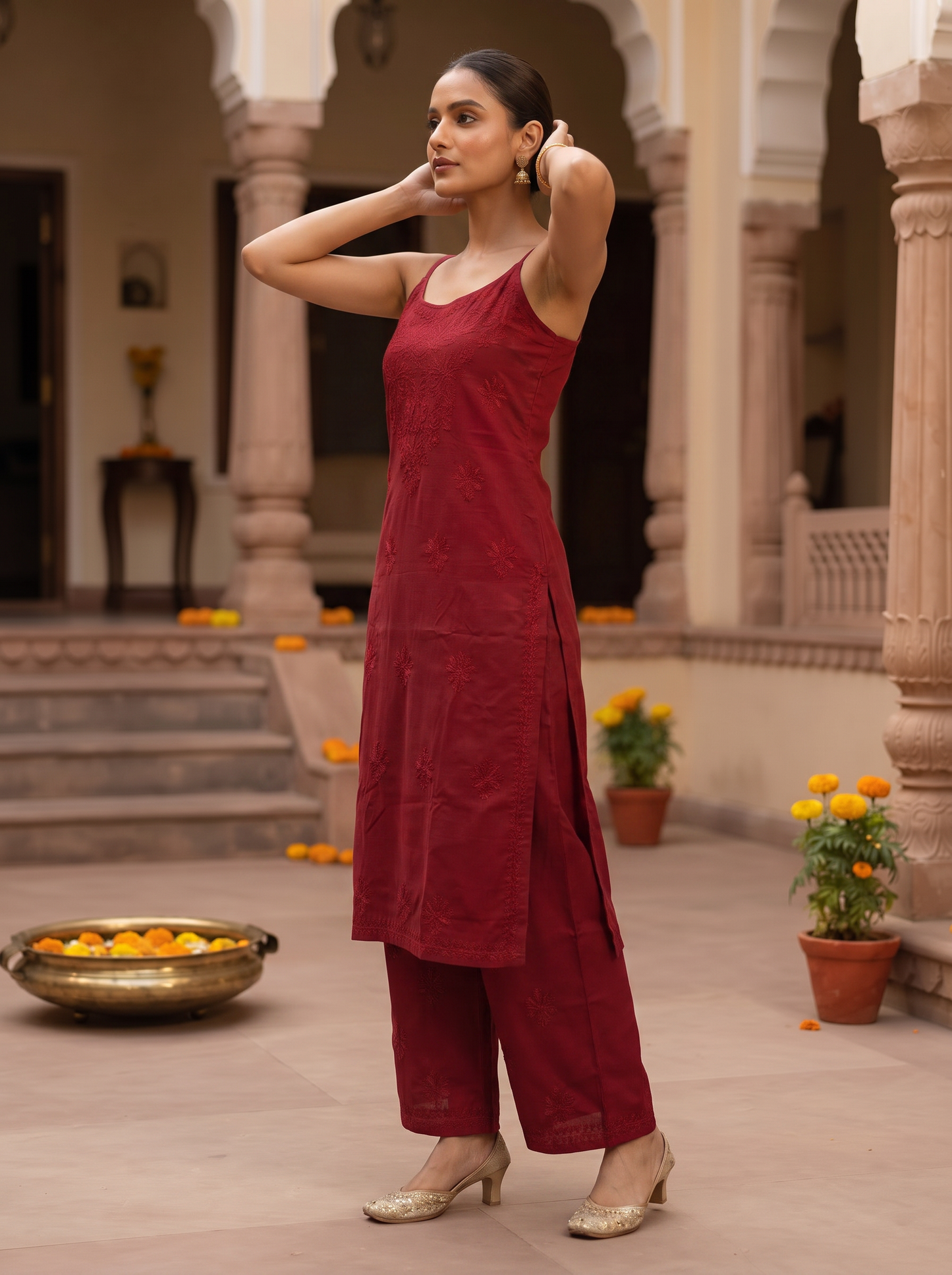 Chikankari Noodle Strap Pant Set Crimson Red