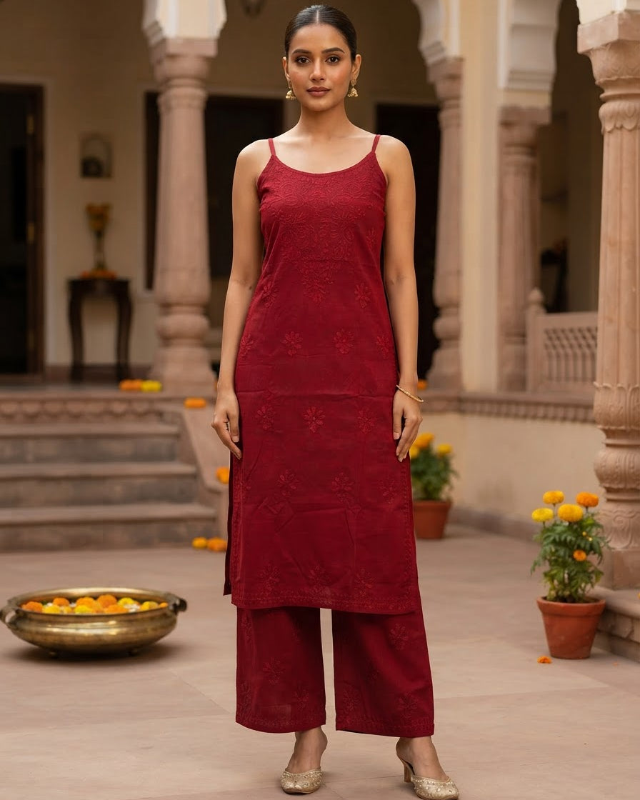 Chikankari Noodle Strap Pant Set Crimson Red
