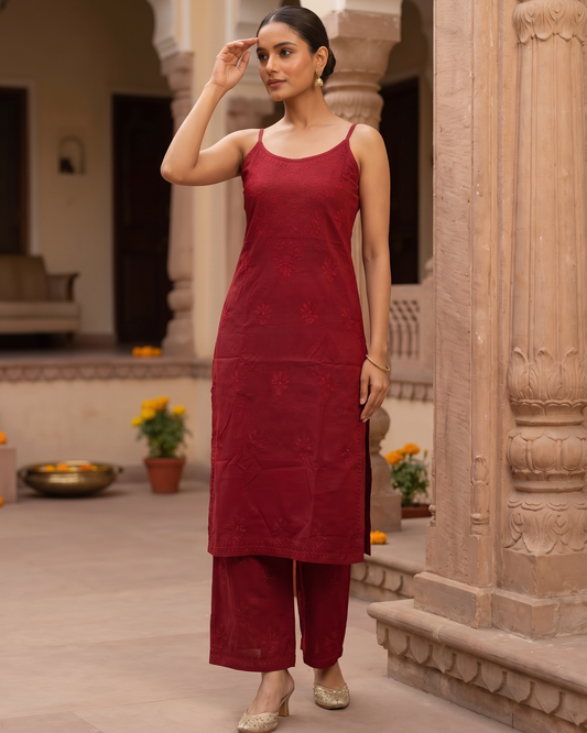 Chikankari Noodle Strap Pant Set Crimson Red