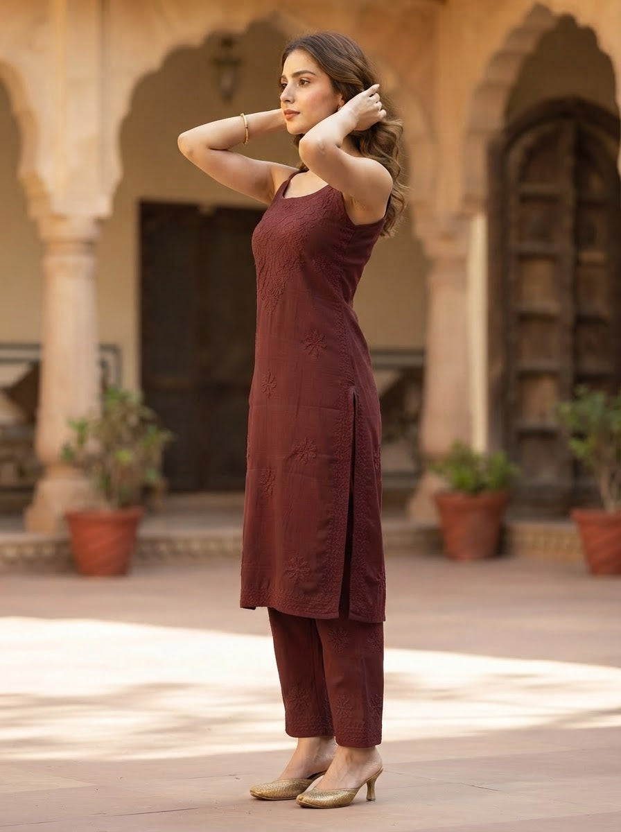 Chikankari Noodle Strap Pant Set Coffee Brown