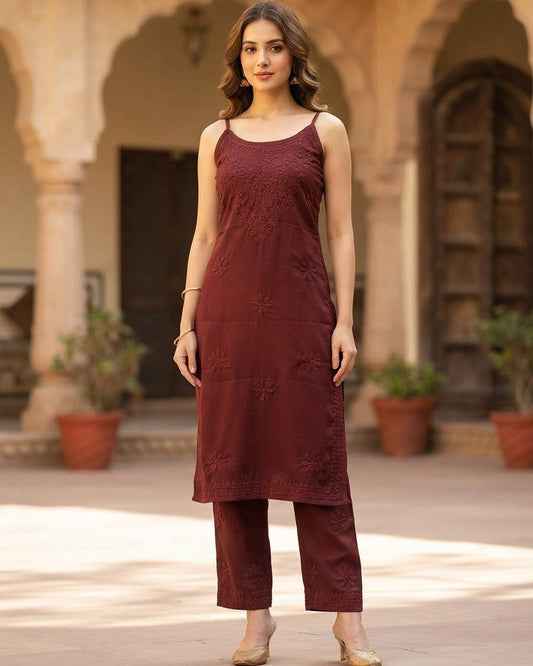 Chikankari Noodle Strap Pant Set Coffee Brown