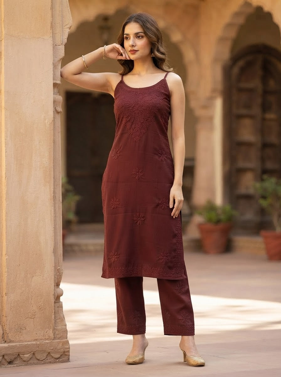 Chikankari Noodle Strap Pant Set Coffee Brown
