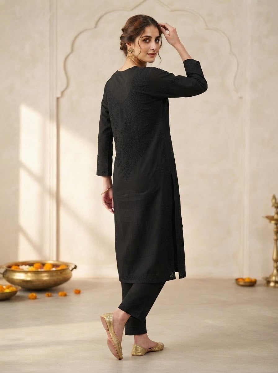 Chikankari Straight Pant Set Classic Black