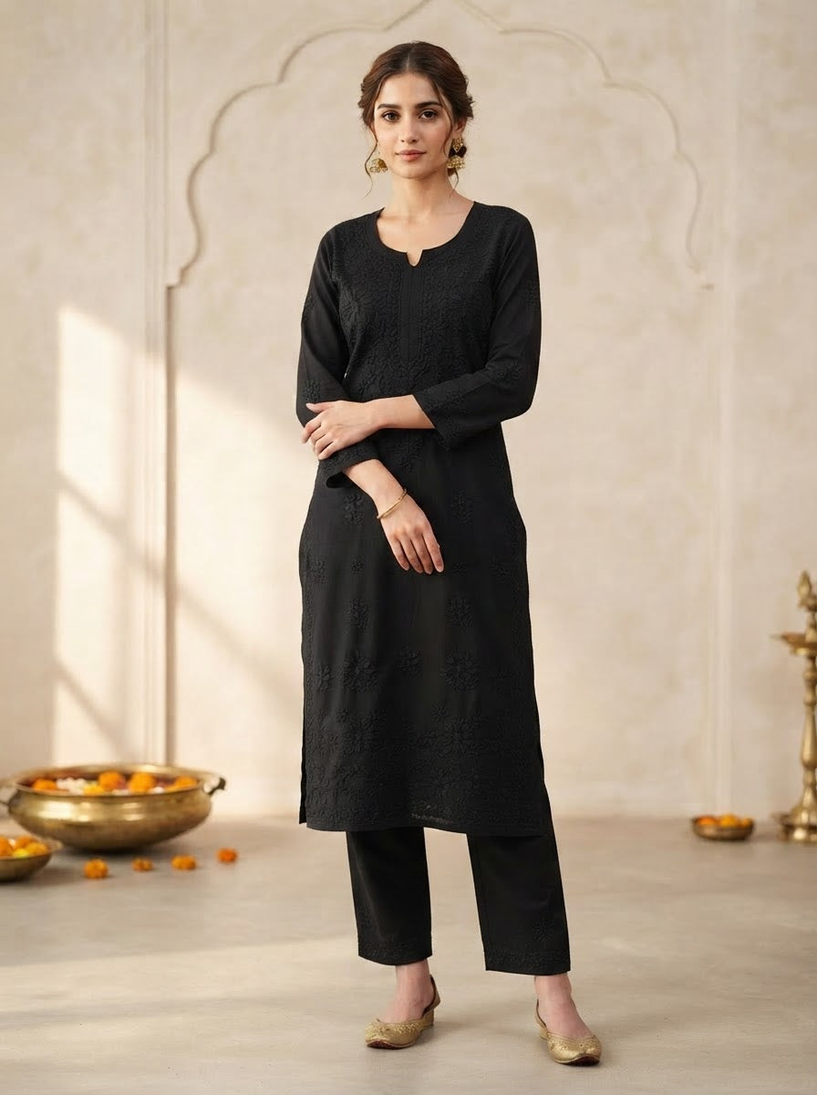 Chikankari Straight Pant Set Classic Black