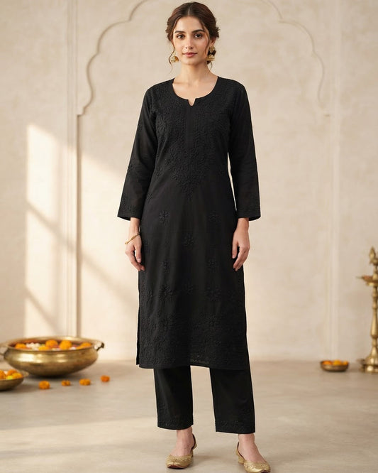 Chikankari Straight Pant Set Classic Black