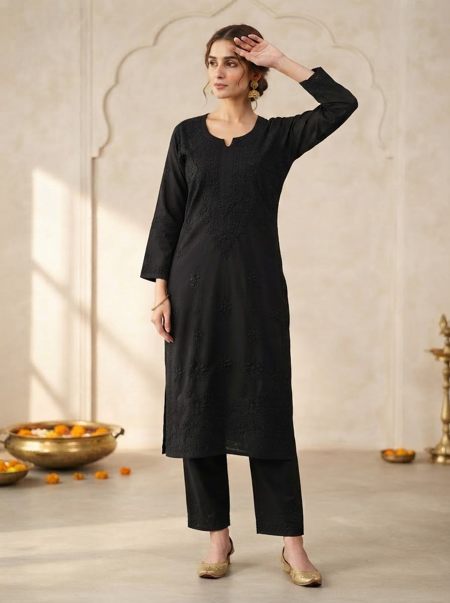 Chikankari Straight Pant Set Classic Black