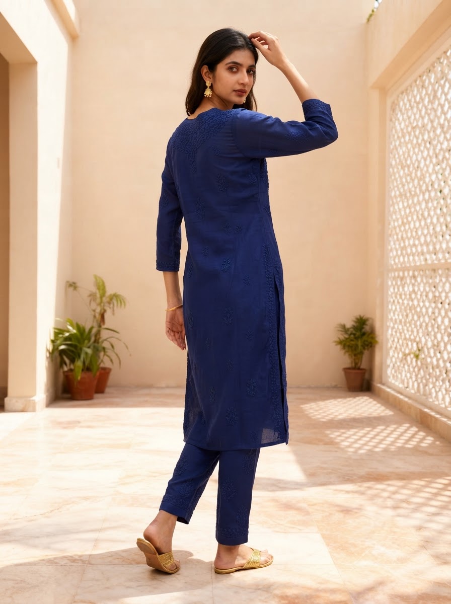Chikankari  Straight Pant Set – Royal Blue