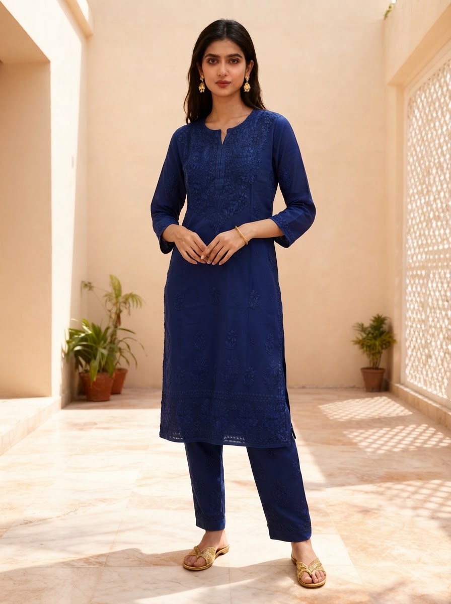 Chikankari  Straight Pant Set – Royal Blue
